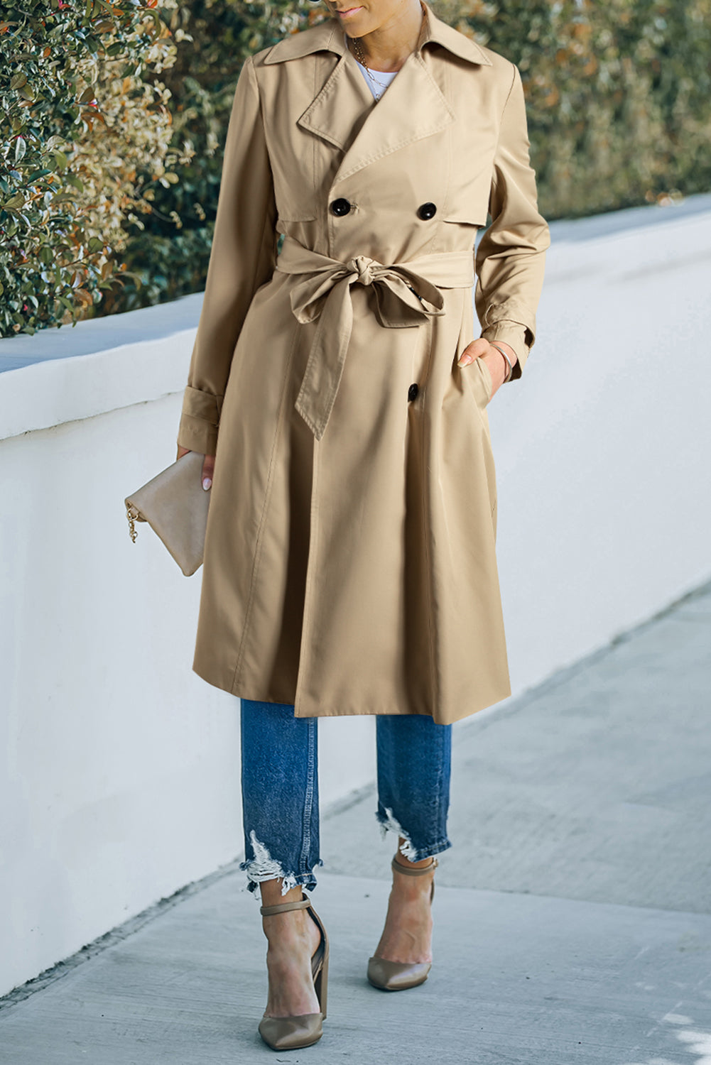Pale Khaki Solid Color Lapel Collar Waist Tie Wind Coat-Bella Boutique Collective