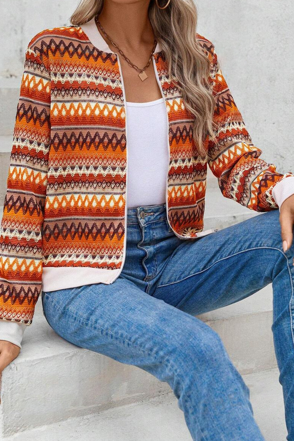 Orange Boho Striped Zip Up Long Sleeve Jacket-Bella Boutique Collective
