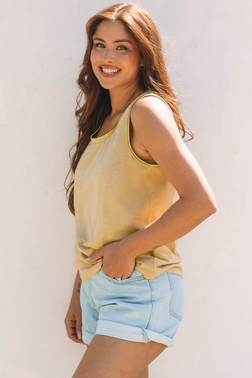 Tan Metallic Sheen Edge Scoop Neck Tank Top-Bella Boutique Collective