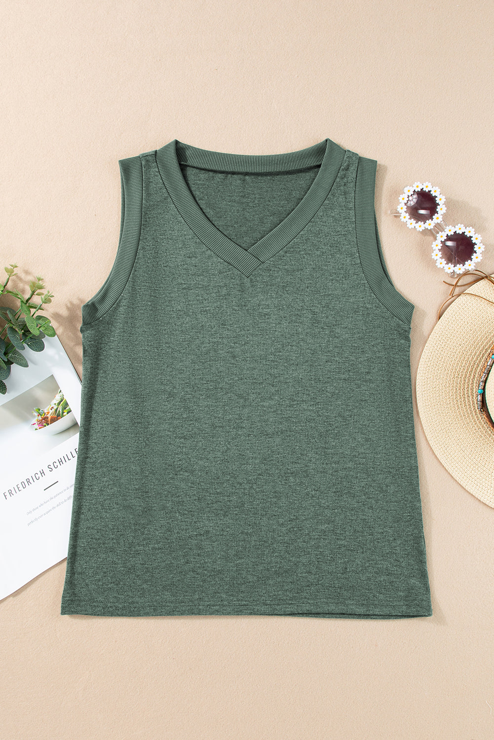 Mist Green Ribbed V Neck Tank-Bella Boutique Collective
