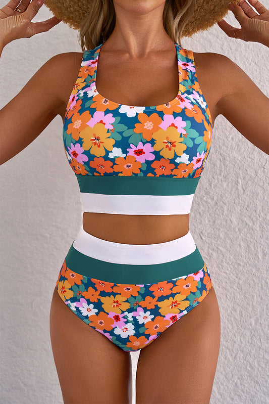 Green Floral Print Racerback Cutout High Waist 2pcs Bikini-Bella Boutique Collective