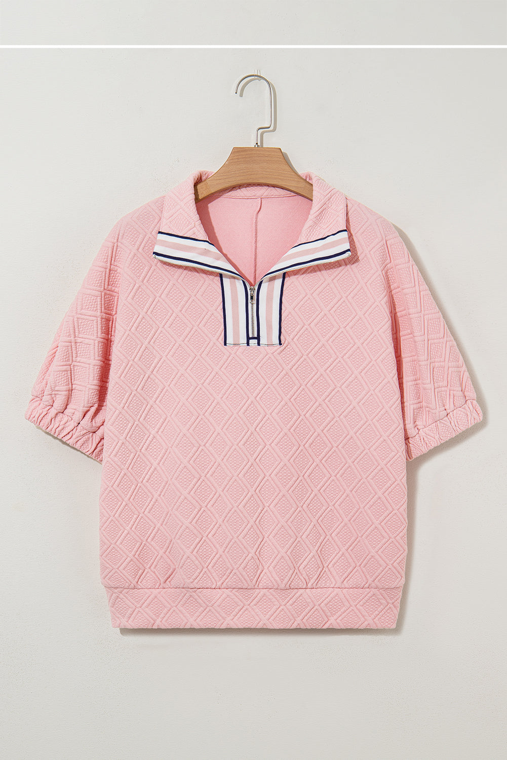 Light Pink Contrast Striped Collar Patchwork Textured Half Sleeve Blouse-Bella Boutique Collective