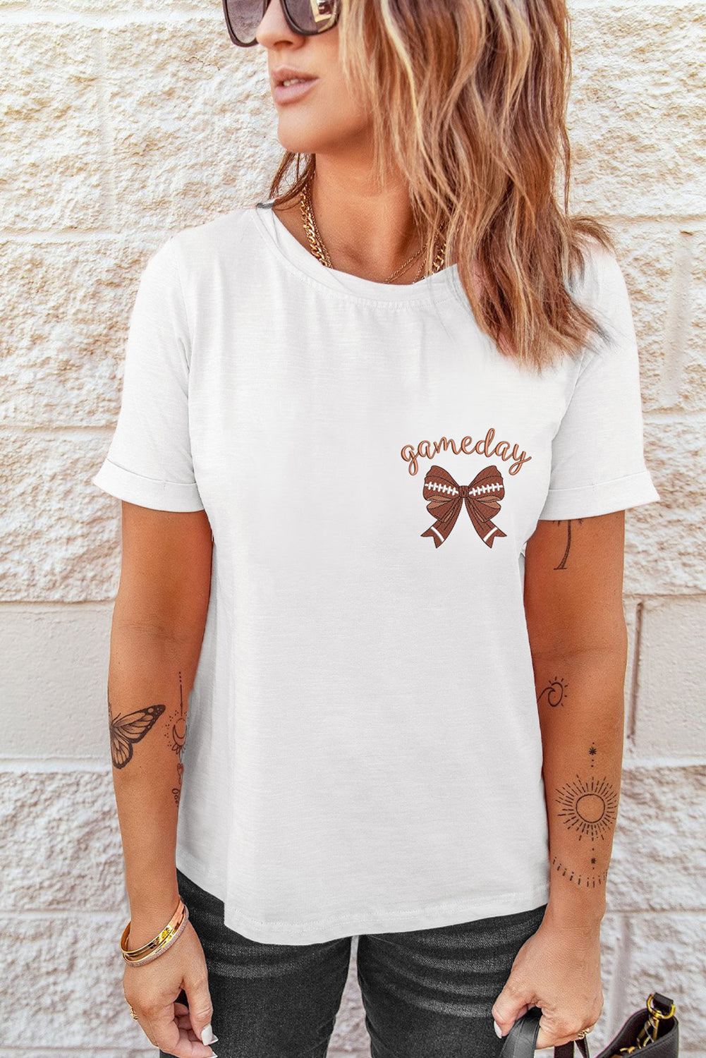 White Game Day Bowknot Embroidered Graphic Casual Tee-Bella Boutique Collective
