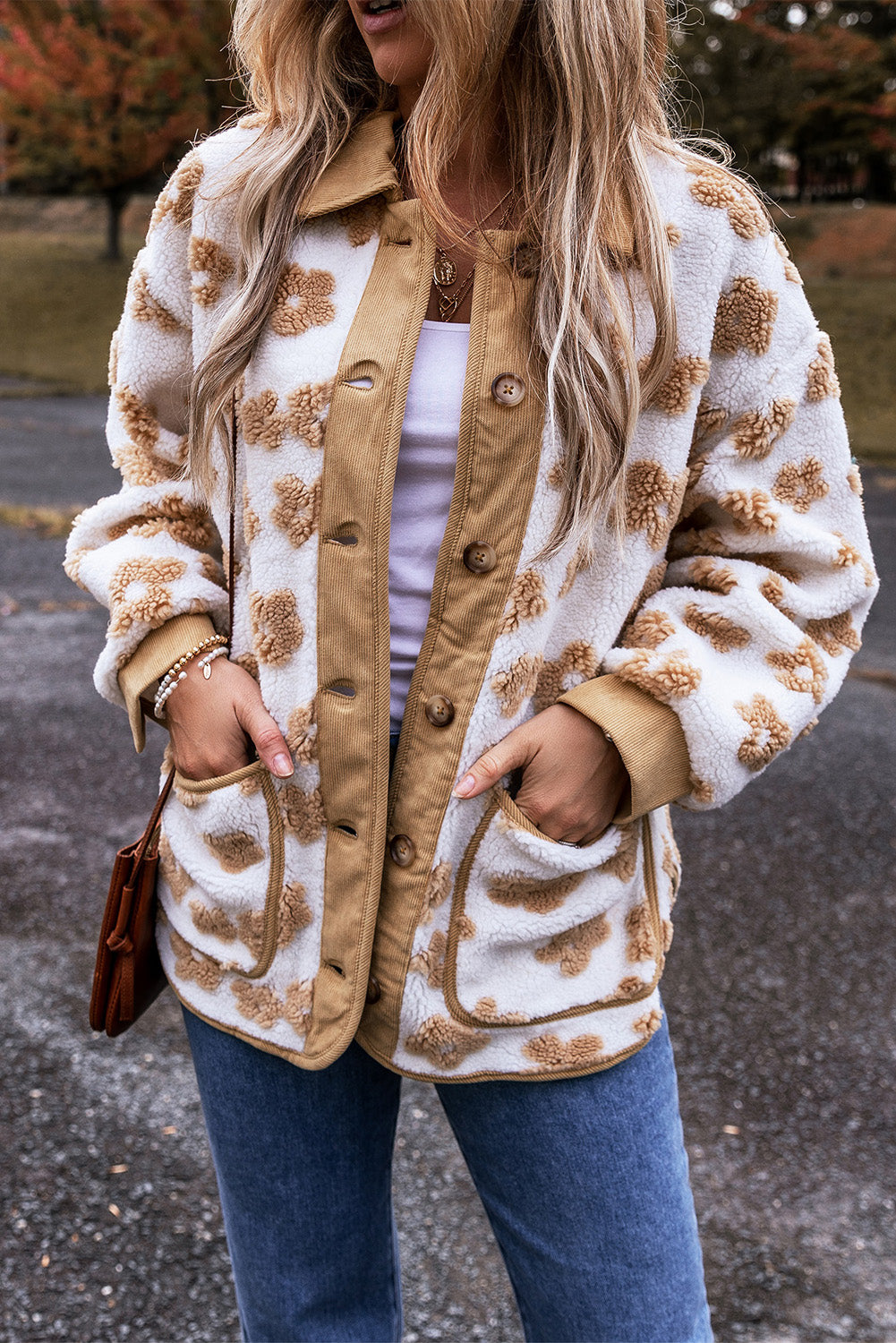 Light French Beige Cute Flower Pattern Button Up Fleece Jacket-Bella Boutique Collective