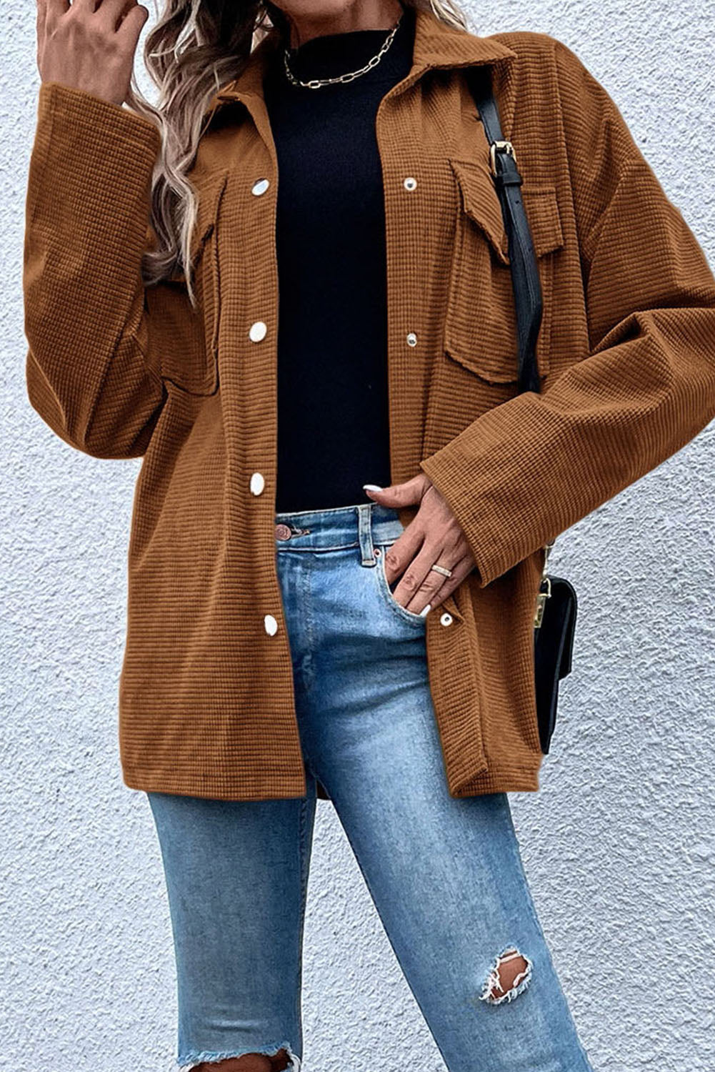 Brown Textured Flap Pocket Drop Shoulder Shacket-Bella Boutique Collective