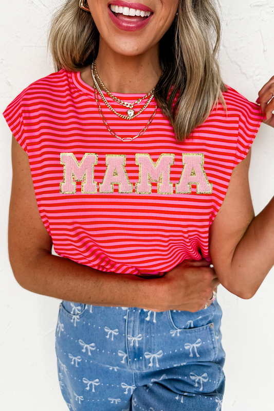 Red Stripe MAMA Graphic Cap Sleeve T Shirt-Bella Boutique Collective