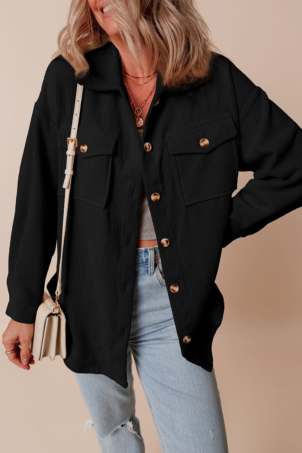 Black Corduroy Flap Pocket Button Up Shacket-Bella Boutique Collective