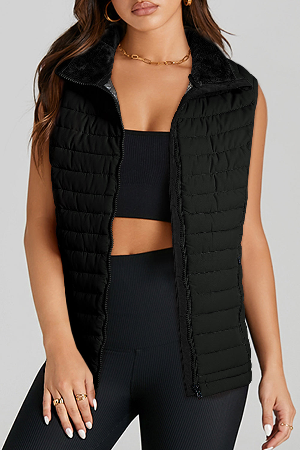 Black Plush Collared Quilted Zipped Puffer Vest-Bella Boutique Collective