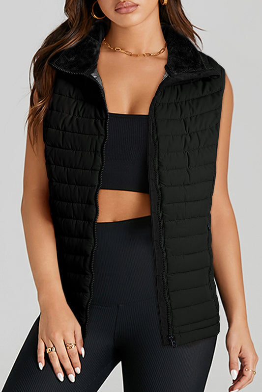 Black Plush Collared Quilted Zipped Puffer Vest-Bella Boutique Collective