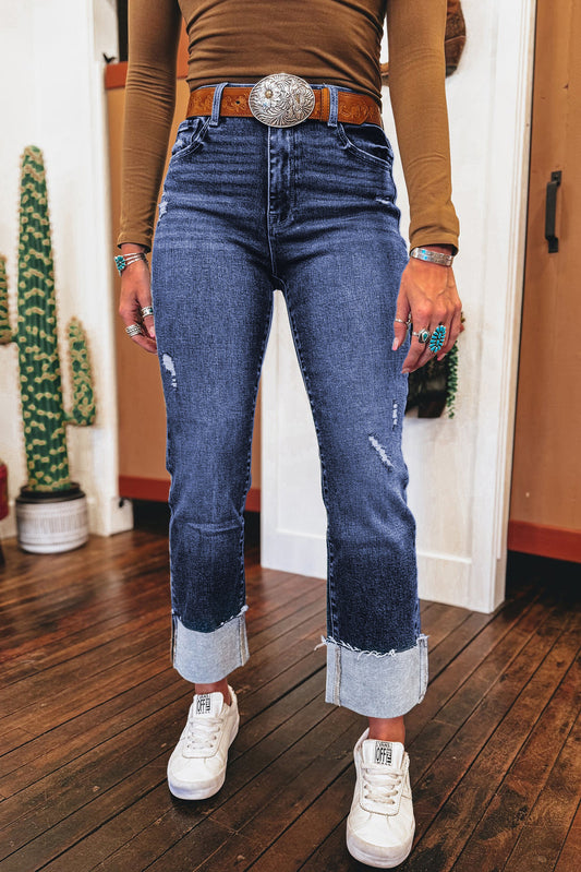 Real Teal Folded Cuffs Distressed Straight High Waist Jeans-Bella Boutique Collective