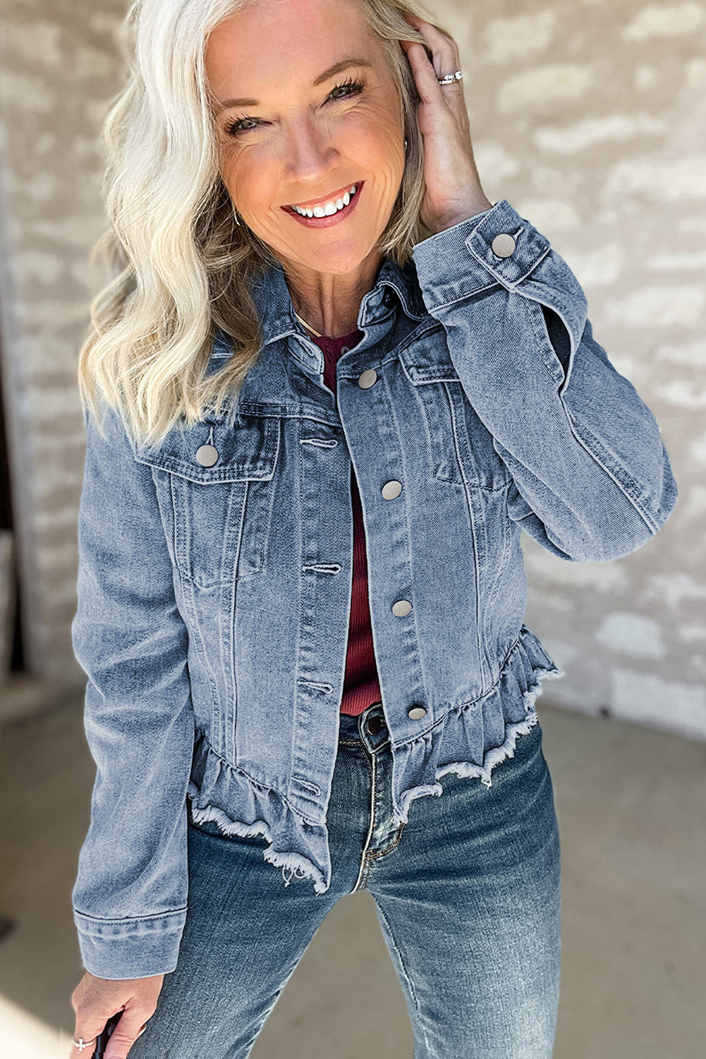 Beau Blue Ruffle Raw Hem Flap Pockets Denim Jacket-Bella Boutique Collective