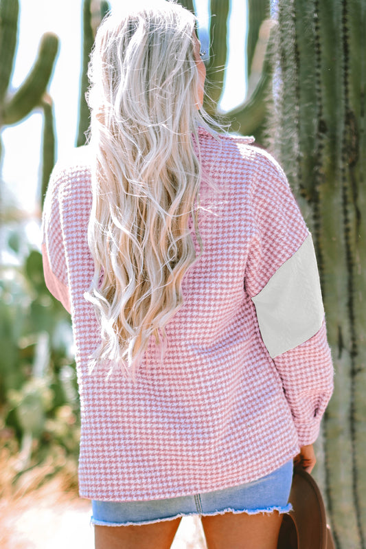 Pink Houndstooth Color Contrast Textured Patchwork Loose Shacket-Bella Boutique Collective
