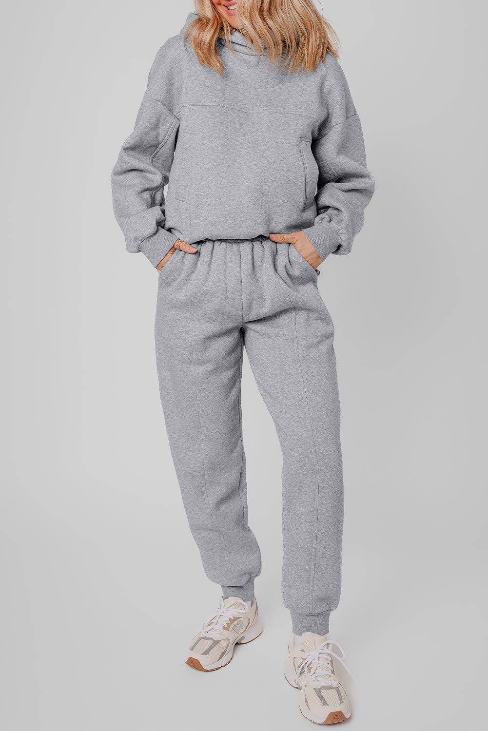 Gray Solid Exposed Seams Hoodie and Joggers Activewear Set-Bella Boutique Collective