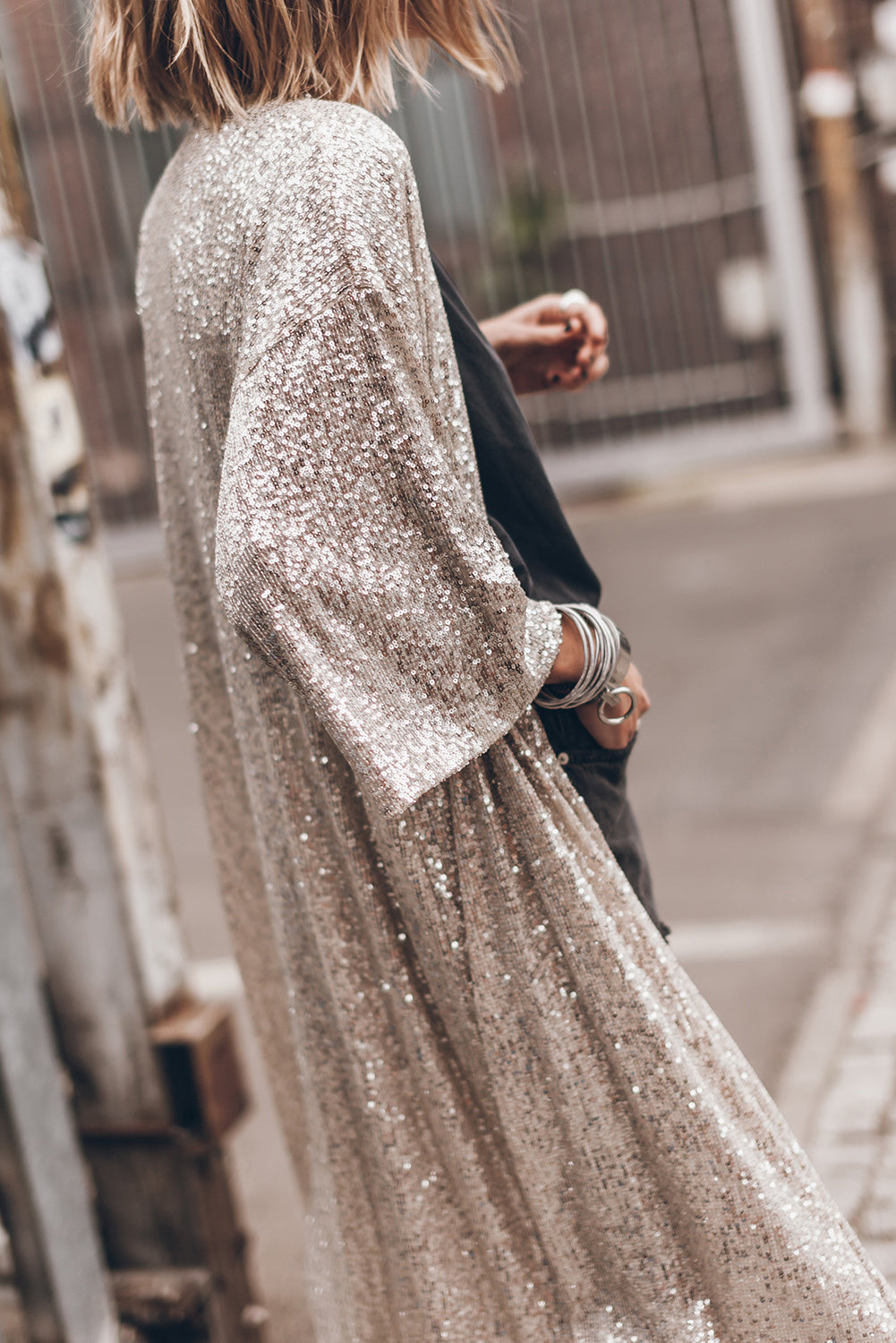 Apricot Sequin 3/4 Sleeve Open Front Duster Kimono-Bella Boutique Collective