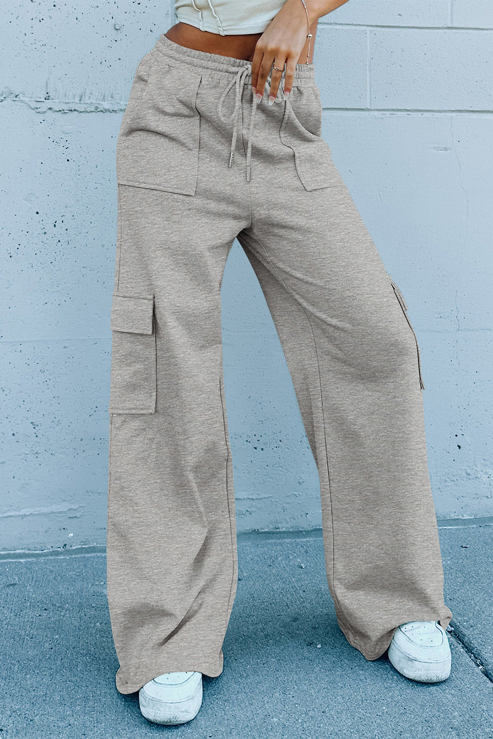 Light Grey Multi Pockets Lace-up High Waist Wide Leg Workout Pants-Bella Boutique Collective