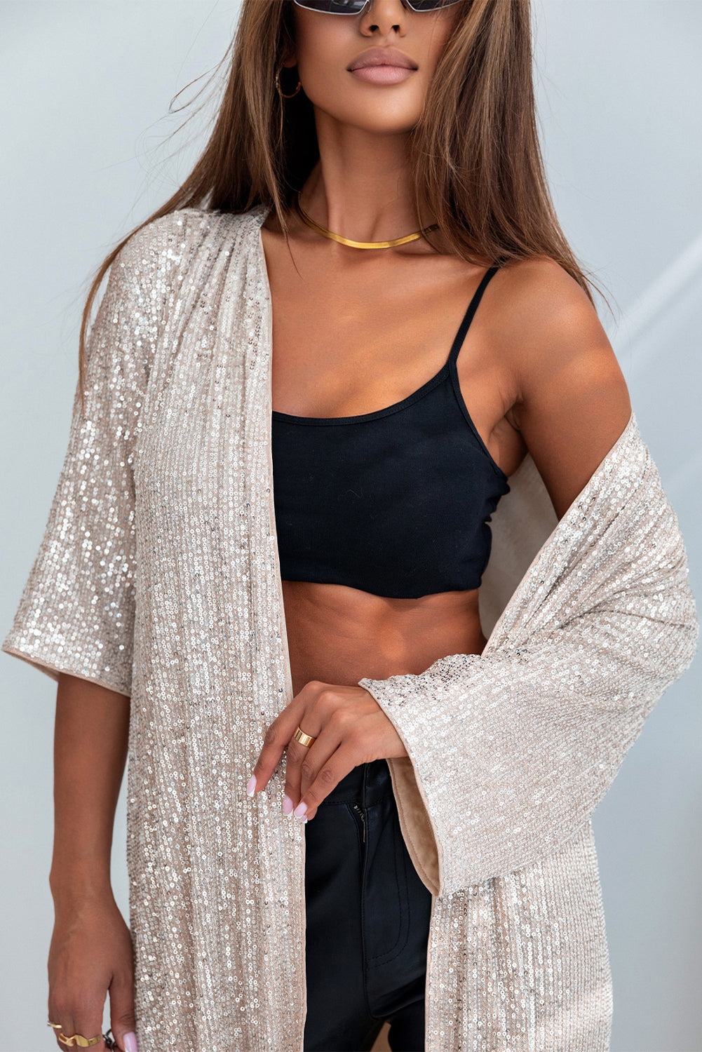 Apricot Sequin 3/4 Sleeve Open Front Duster Kimono-Bella Boutique Collective