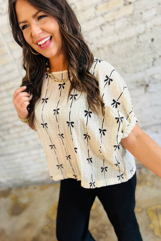 Beige Bow Print Puff Short Sleeve Top-Bella Boutique Collective