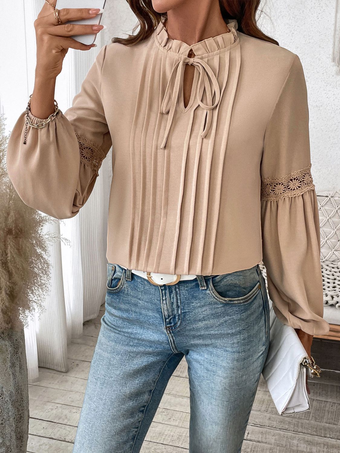 Perfee Frill Tie Neck Long Sleeve Blouse-Bella Boutique Collective