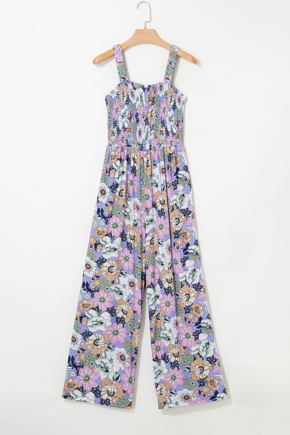 Purple Floral Print Smocked High Waist Square Neck Jumpsuit-Bella Boutique Collective