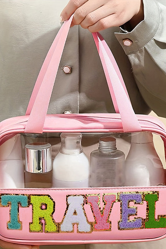 Light Pink TRAVEL Chenille Letter Clear PVC Makeup Bag-Bella Boutique Collective