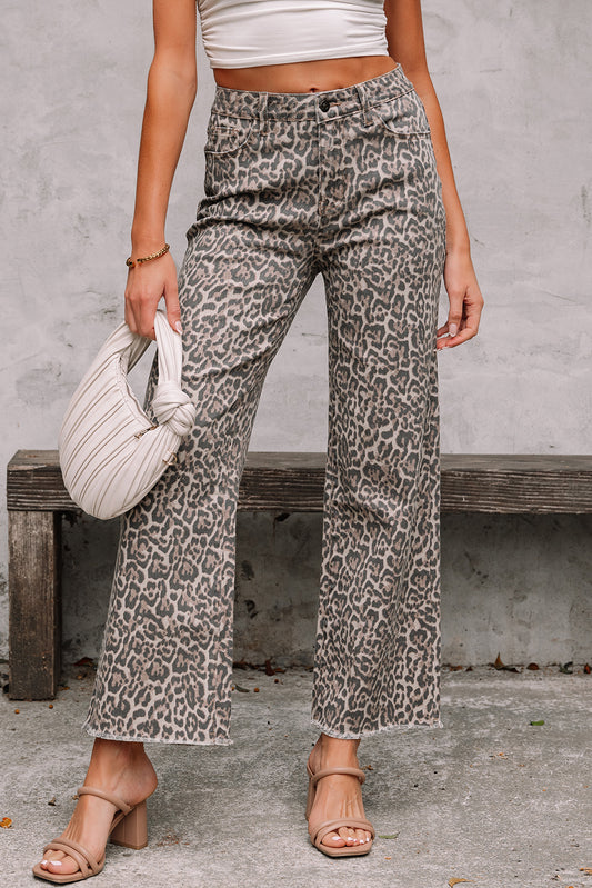 Brown Leopard Frayed Edge Wide Leg High Waist Jeans-Bella Boutique Collective