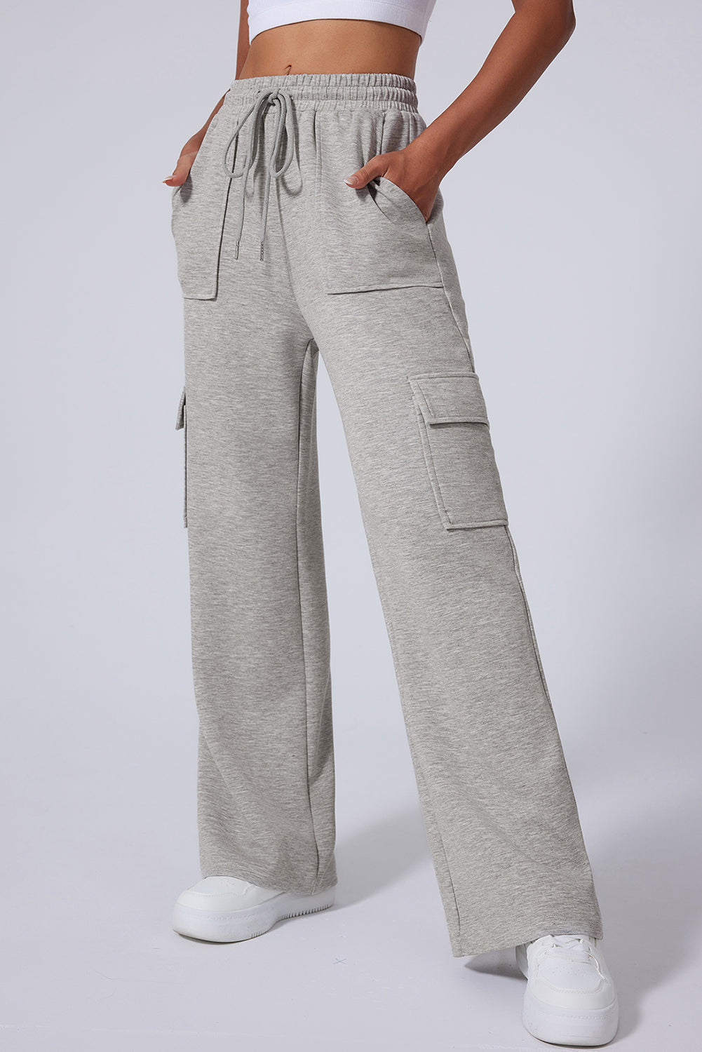 Light Grey Multi Pockets Lace-up High Waist Wide Leg Workout Pants-Bella Boutique Collective