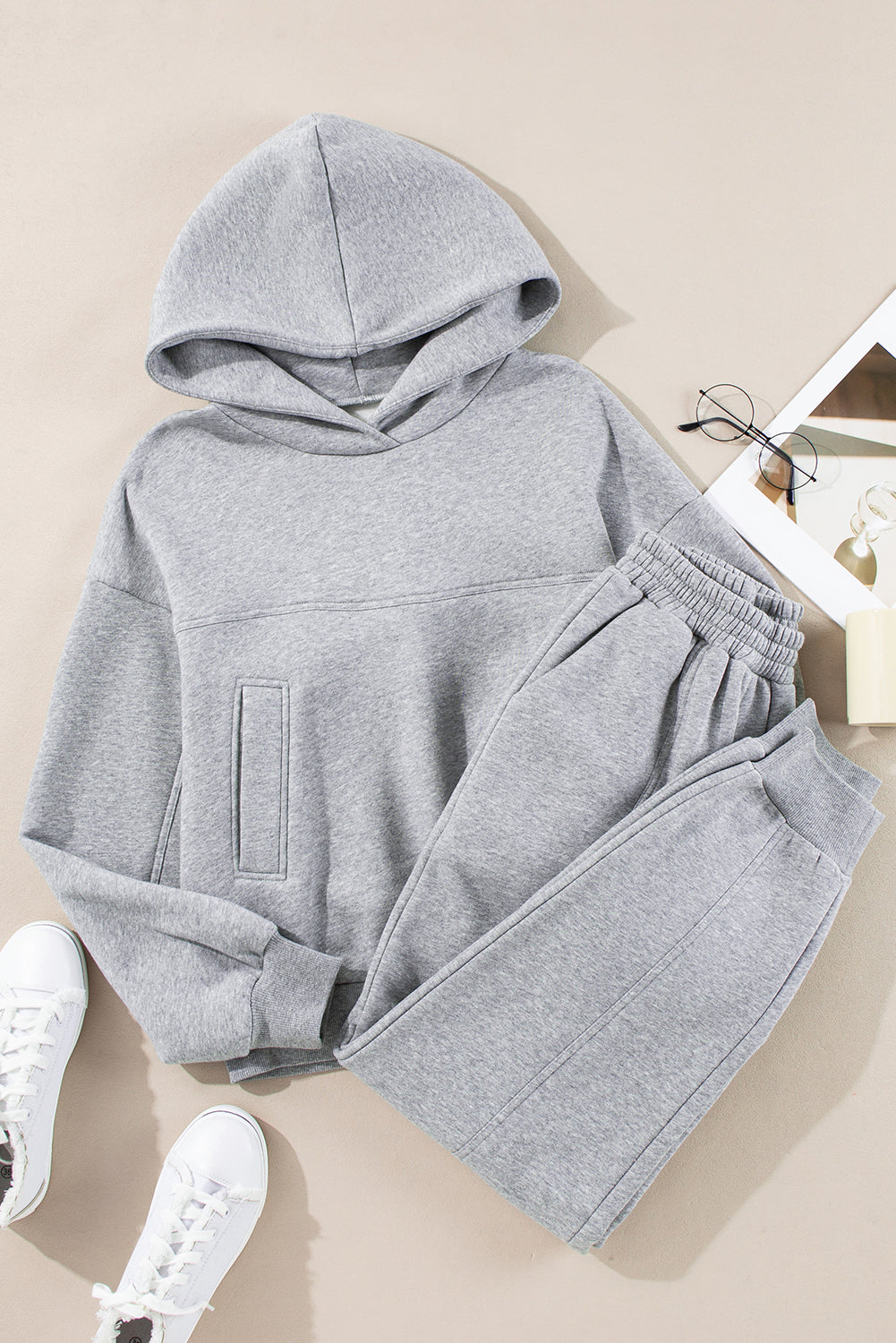 Gray Solid Exposed Seams Hoodie and Joggers Activewear Set-Bella Boutique Collective