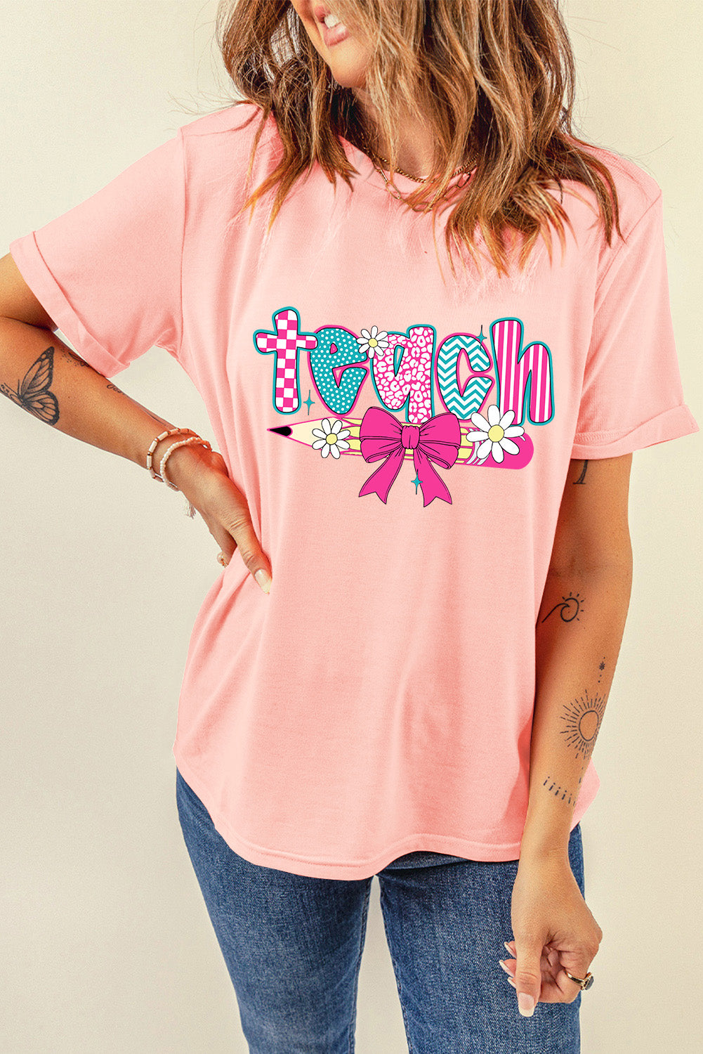 Pink Preppy Retro Checkered Coquette Teach Graphic T-Shirt-Bella Boutique Collective