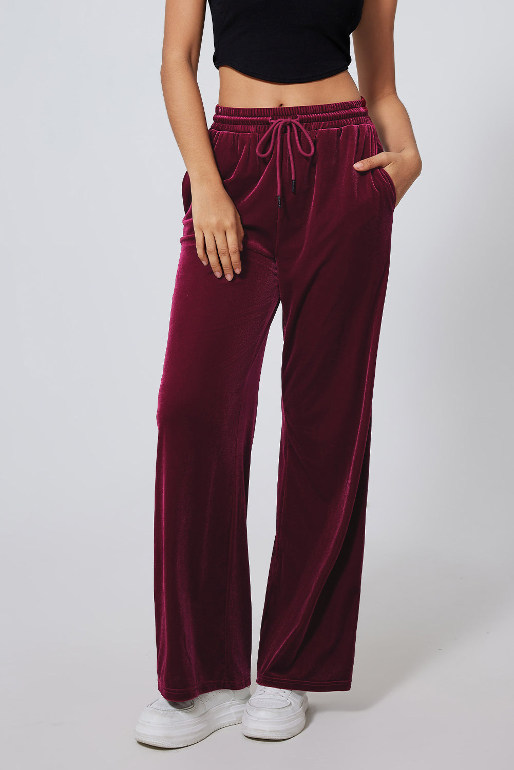 Burgundy Solid Drawstring Waist Wide Leg Pants-Bella Boutique Collective