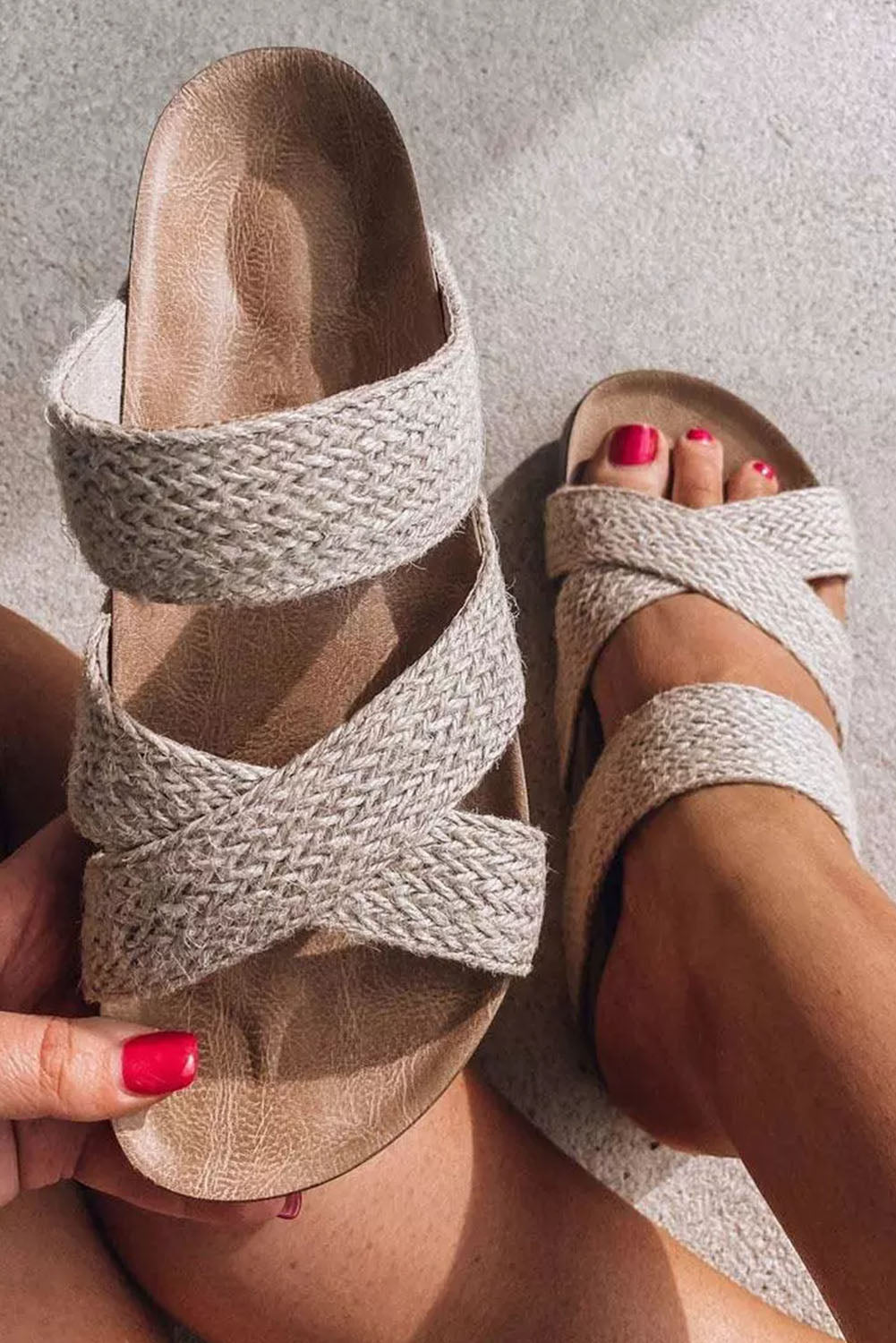 Beige Woven Cross Criss Hollowed Slip-On Slippers-Bella Boutique Collective