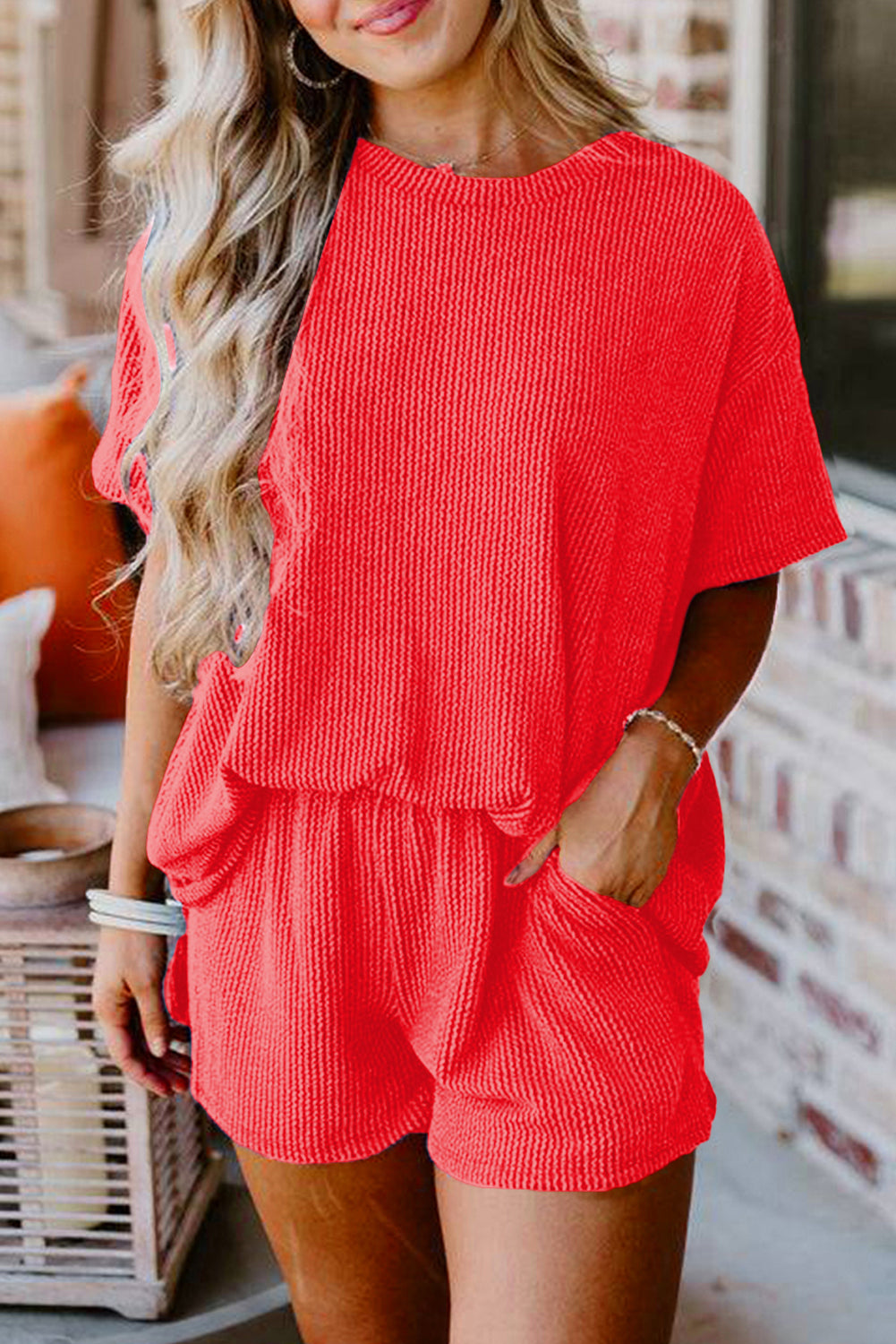 Ribbed Textured Knit Loose Fit Tee and Shorts Set-Bella Boutique Collective