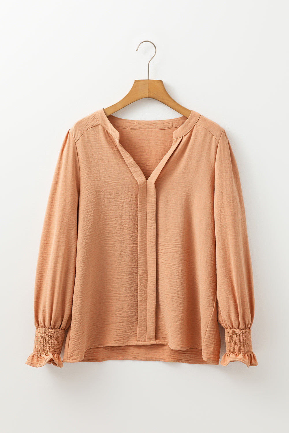 Straw Yellow Solid Color Shirred Cuff Notch V Neck Blouse-Bella Boutique Collective