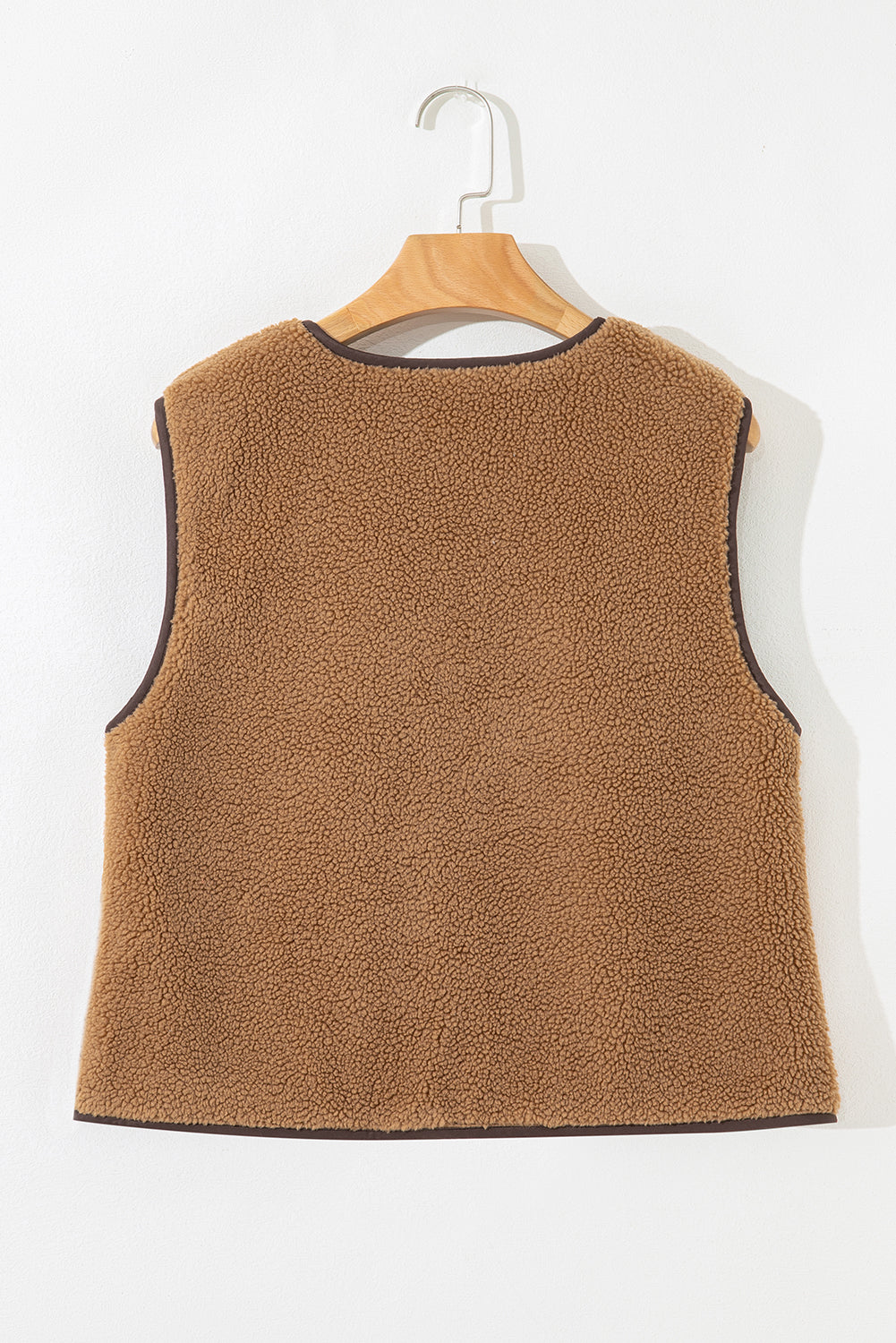 Light French Beige Contrast Trim Tie Front Sherpa Vest-Bella Boutique Collective