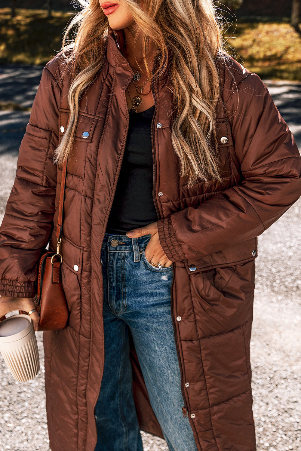 Coffee Quilted Puffer Stand Neck Zipped Mid-length Coat-Bella Boutique Collective