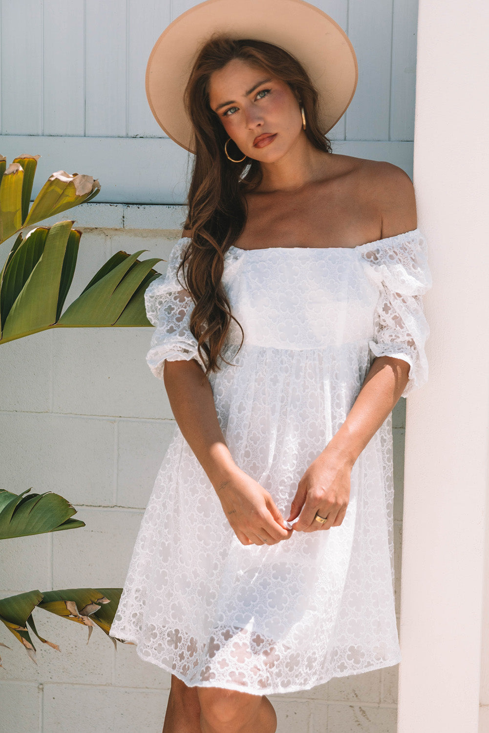 White Floral Lace Puff Sleeve Empire Waist Mini Dress-Bella Boutique Collective