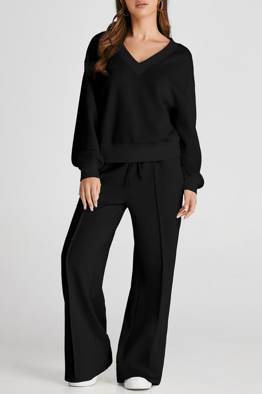 Black V Neck Cropped Seamed High Waist Sports Wear-Bella Boutique Collective