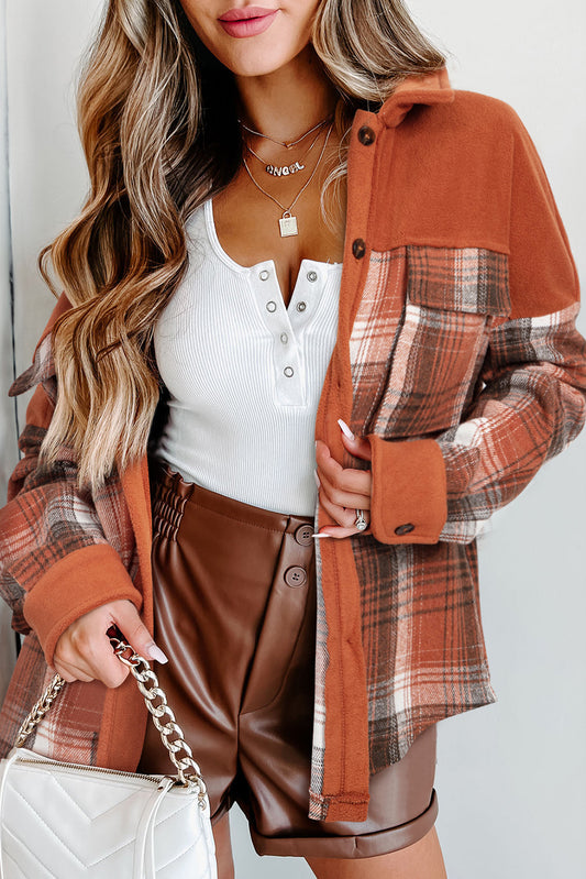 Khaki Colorblock Plaid Pattern Flap Pockets Buttoned Shacket-Bella Boutique Collective