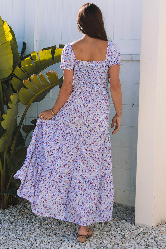 Purple Floral Short Bubble Sleeve Shirred High Waist Maxi Dress-Bella Boutique Collective