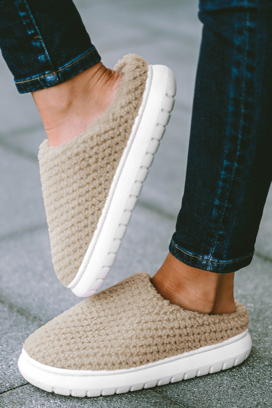 Pale Khaki Two-tone Knitted Warm Homewear Slippers-Bella Boutique Collective