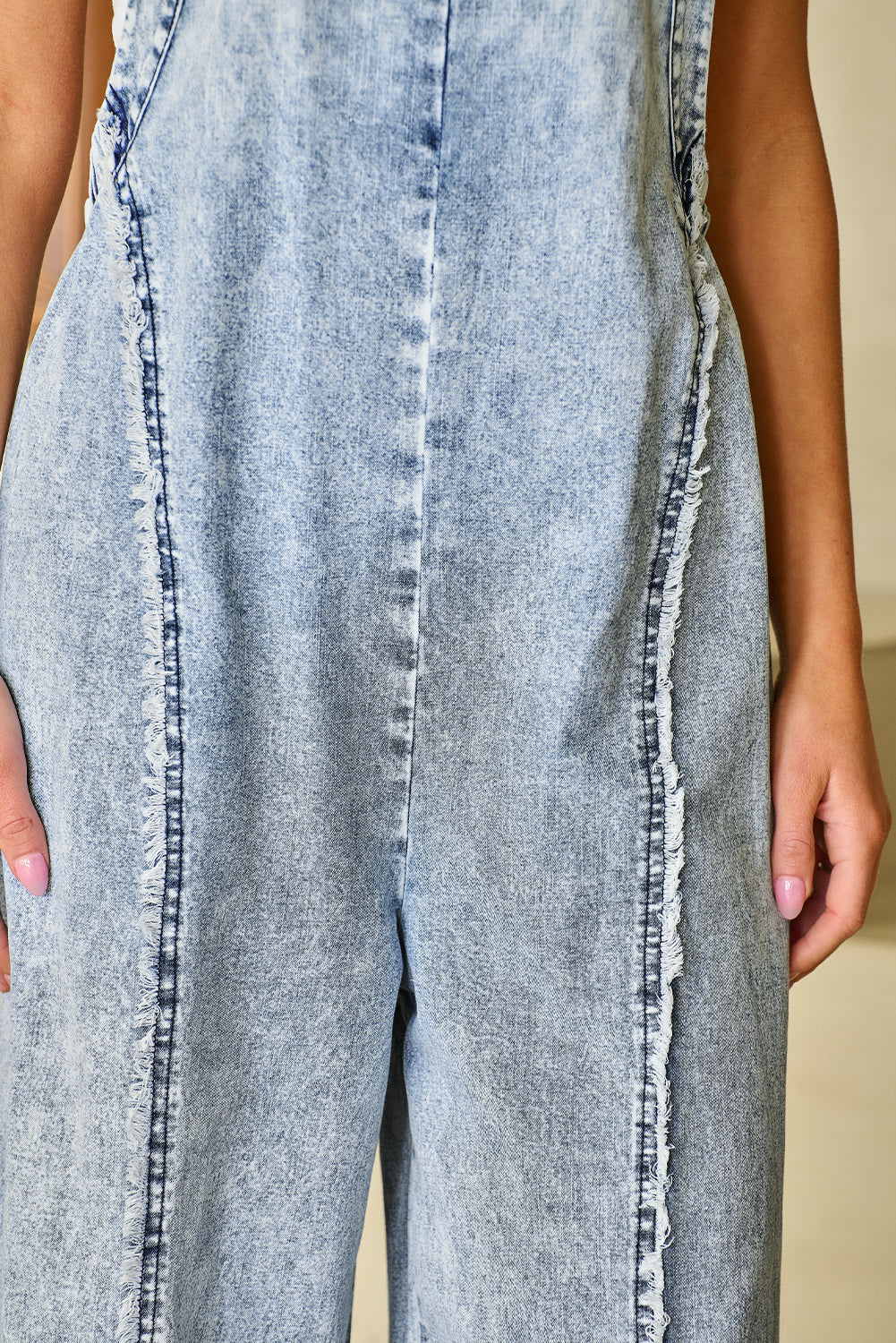 Beau Blue Light Wash Frayed Exposed Seam Wide Leg Denim Overall-Bella Boutique Collective