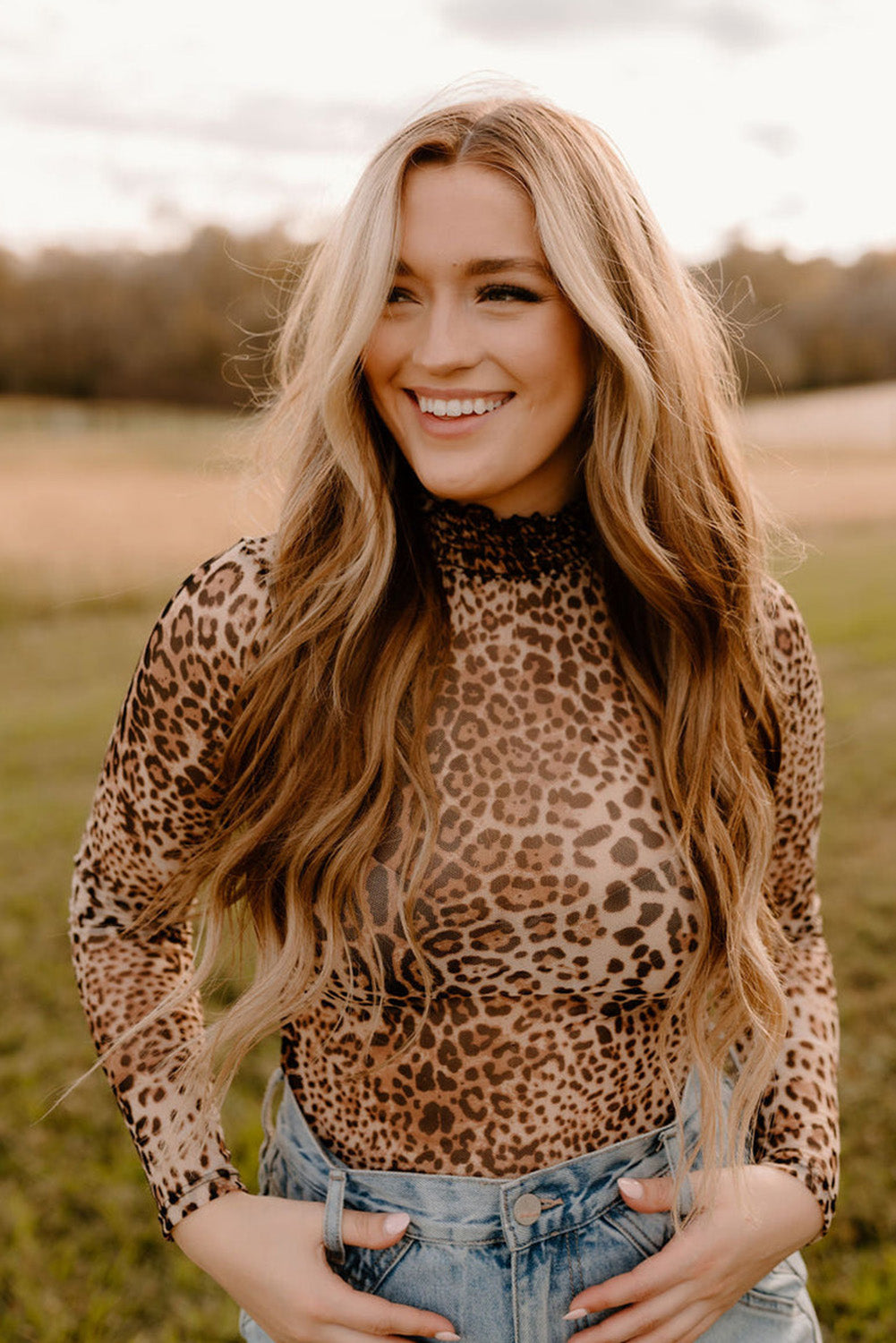Brown Leopard Smocked Neck Mesh Long Sleeve Bodysuit-Bella Boutique Collective