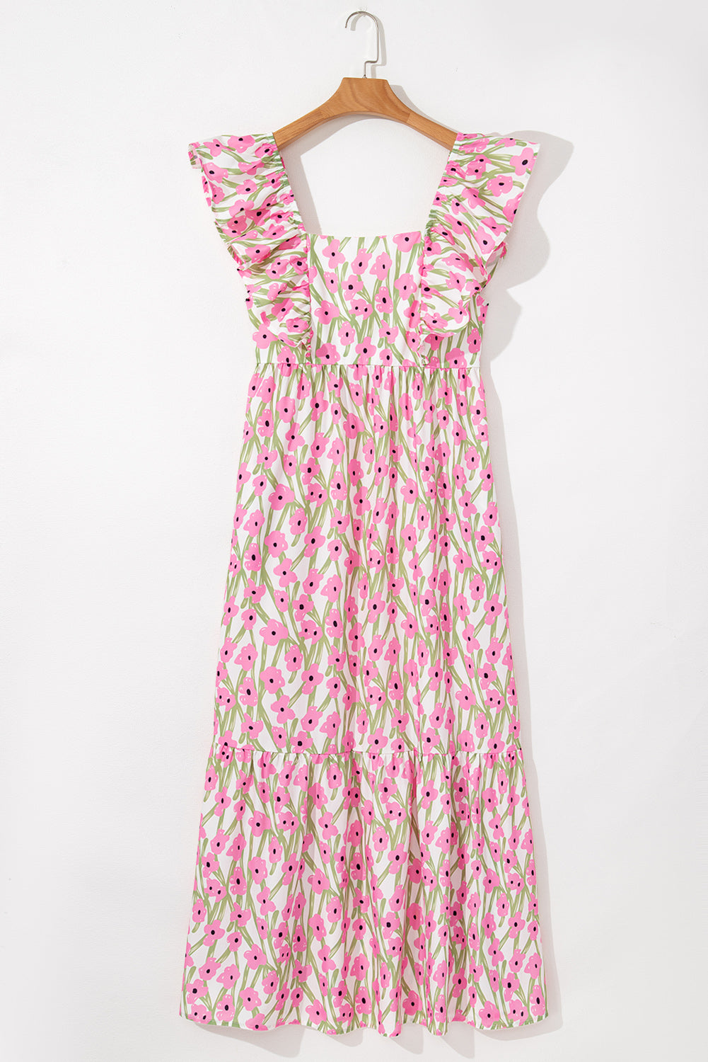 Pink Floral Print Square Neck Ruffled Strap Maxi Dress-Bella Boutique Collective