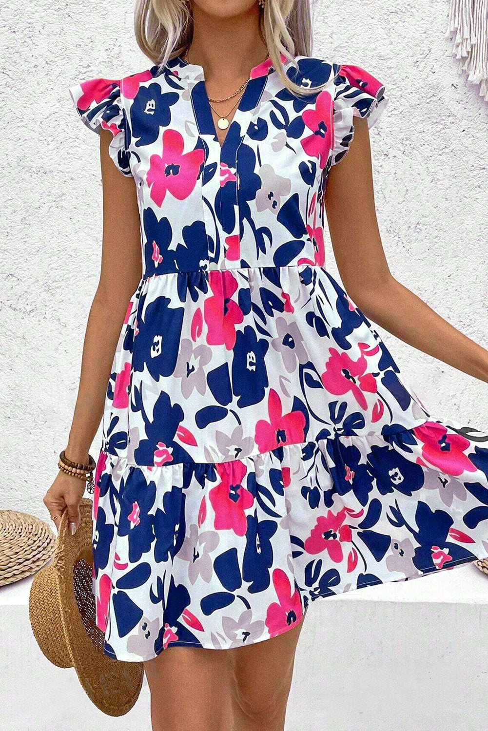 Fashion Floral Print Notched Neck Flutter Sleeve Mini Dress-Bella Boutique Collective
