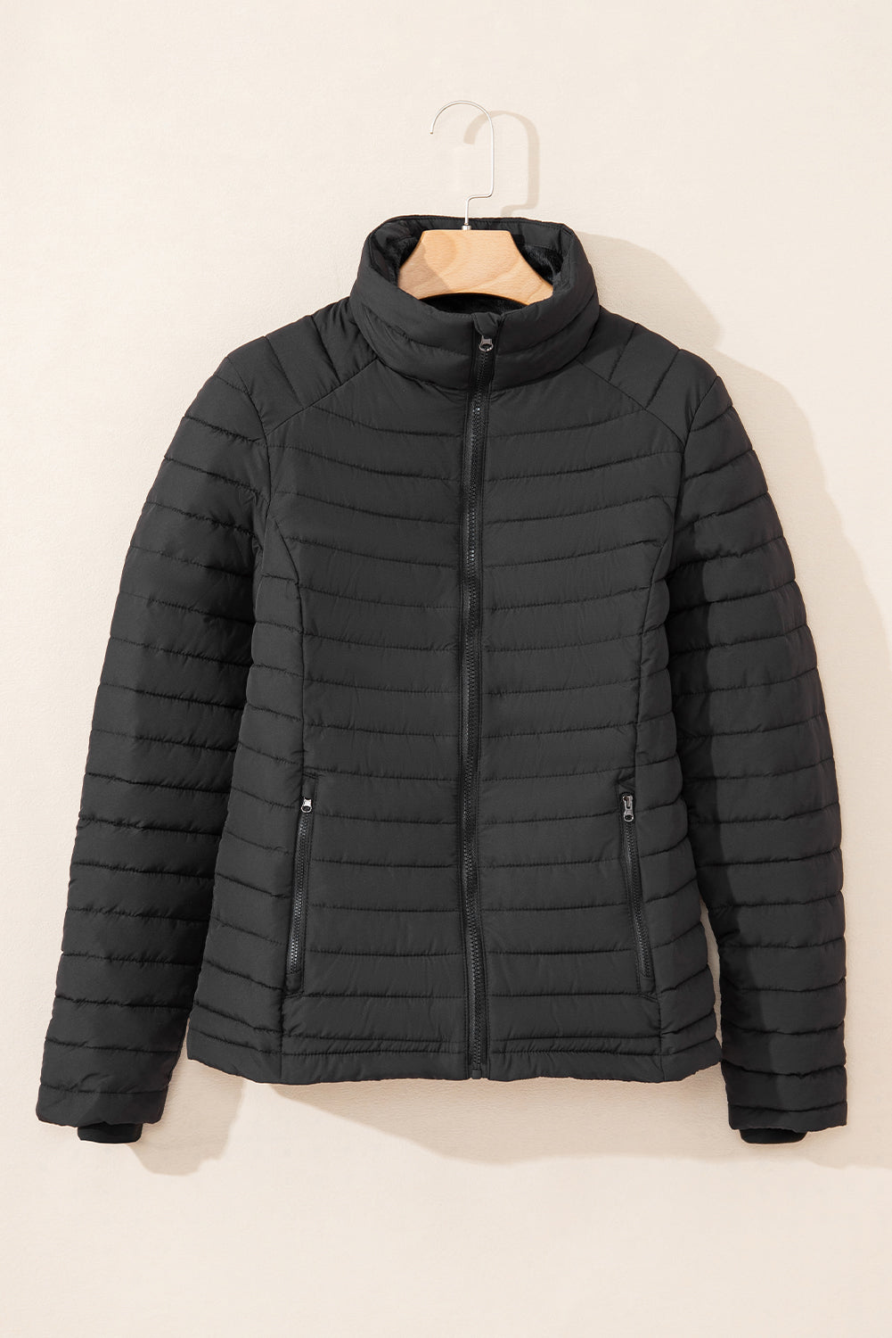 Black Solid Color Quilted Zip-up Puffer Jacket-Bella Boutique Collective