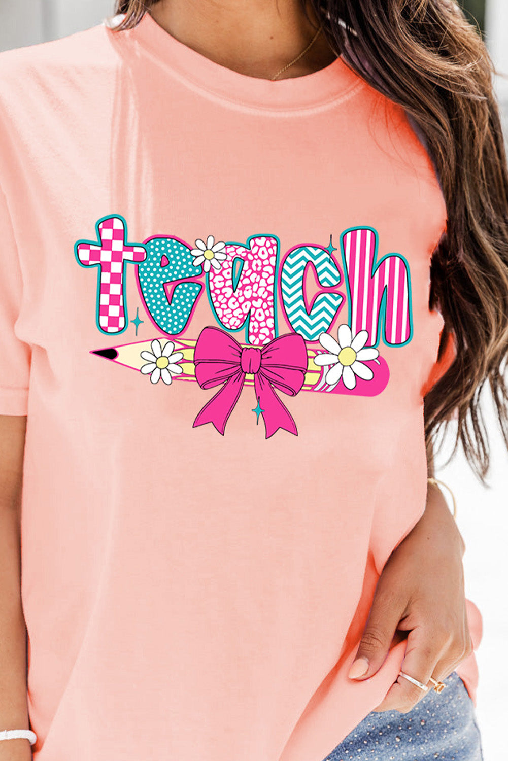 Pink Preppy Retro Checkered Coquette Teach Graphic T-Shirt-Bella Boutique Collective