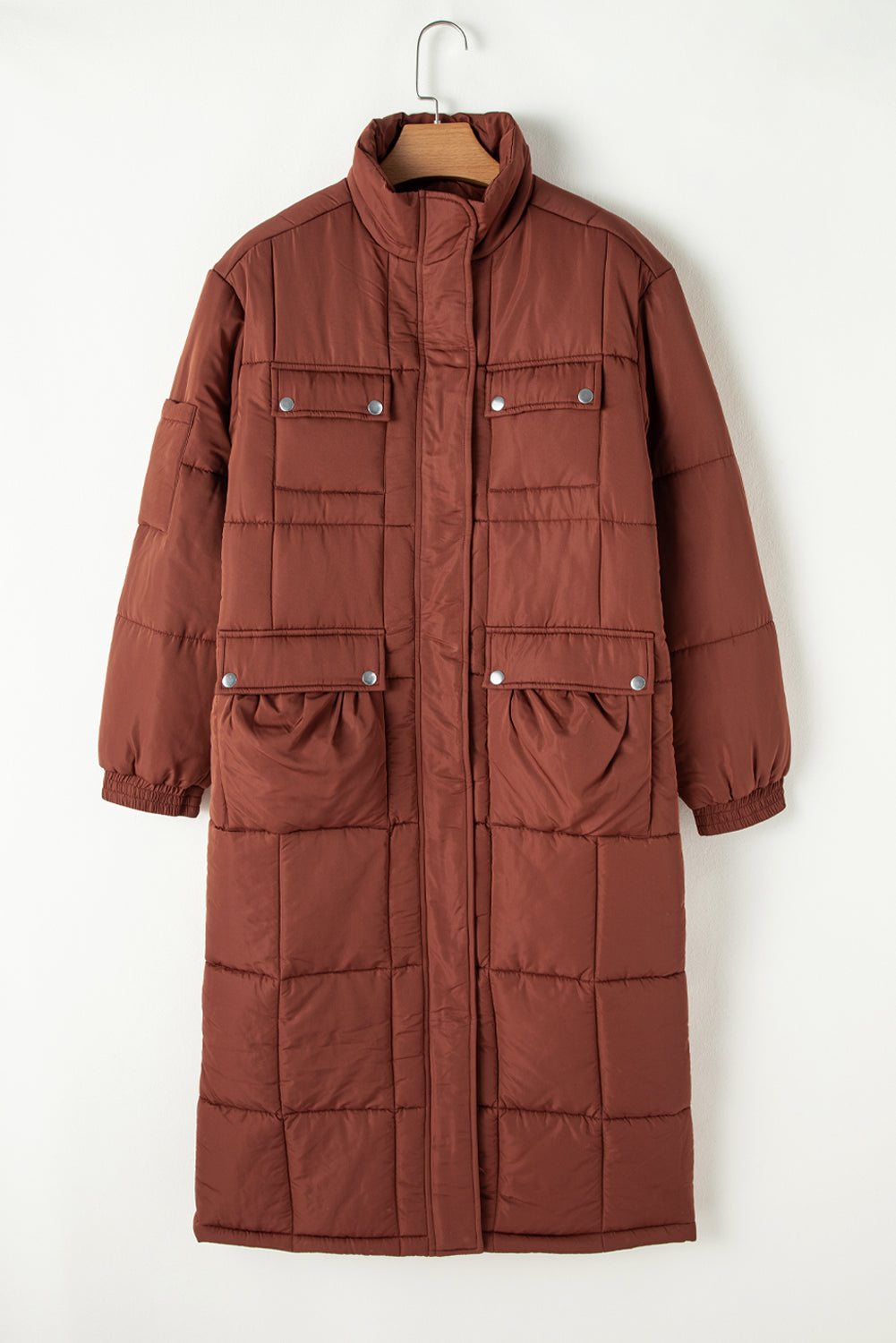 Coffee Quilted Puffer Stand Neck Zipped Mid-length Coat-Bella Boutique Collective