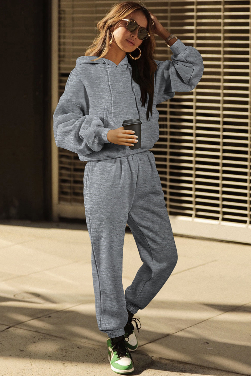 Gray Solid Drop Shoulder Hoodie and Joggers Activewear Set-Bella Boutique Collective