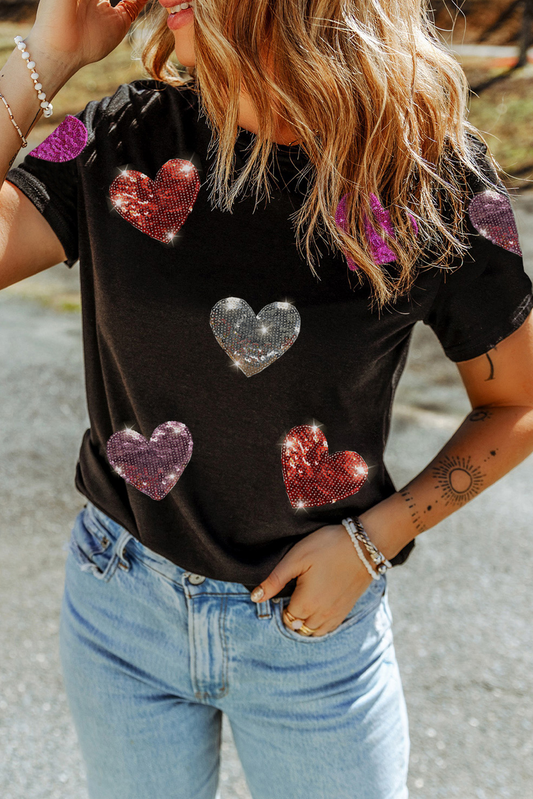 Black Sequin Heart Patched Pattern Crewneck Valentines Tee-Bella Boutique Collective