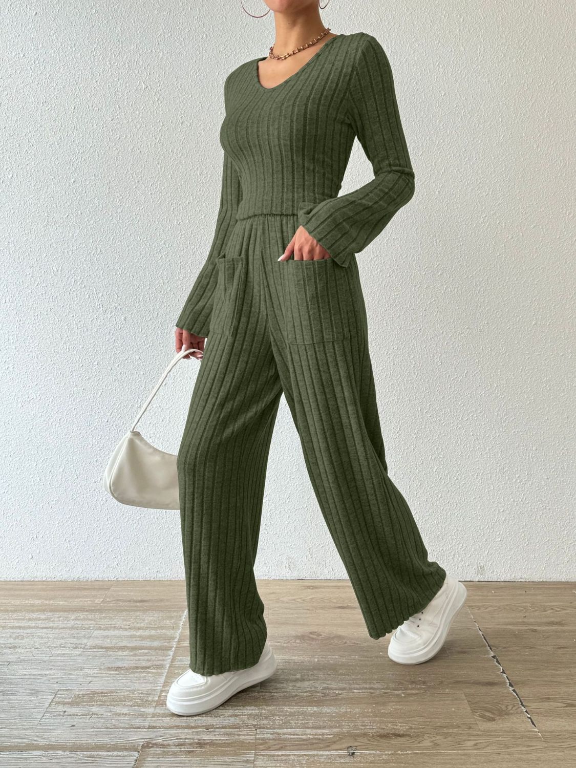 Ribbed V-Neck Long Sleeve Top and Pocketed Pants Set-Bella Boutique Collective