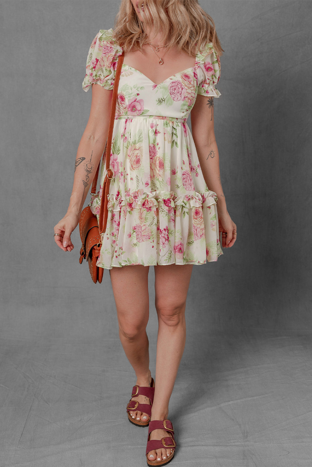 White Vibrant Floral Bubble Sleeve Sweetheart Neck Ruffle Mini Dress-Bella Boutique Collective